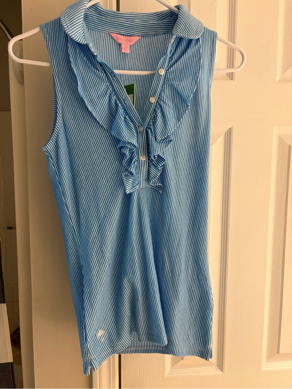 Lilly Pulitzer Blue & White Striped flutter seersucker knit blouse XS NWT